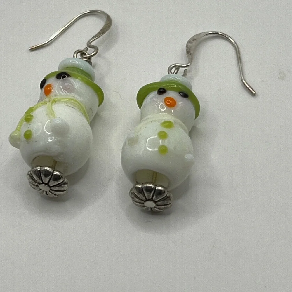 Vintage Snowman Pierced‎ Earrings White Glass and Silver Tone Winter Holiday